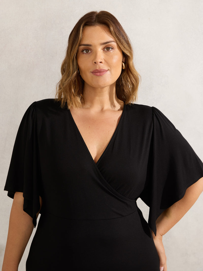 Black Jersey Angel Sleeve Wrap Dress