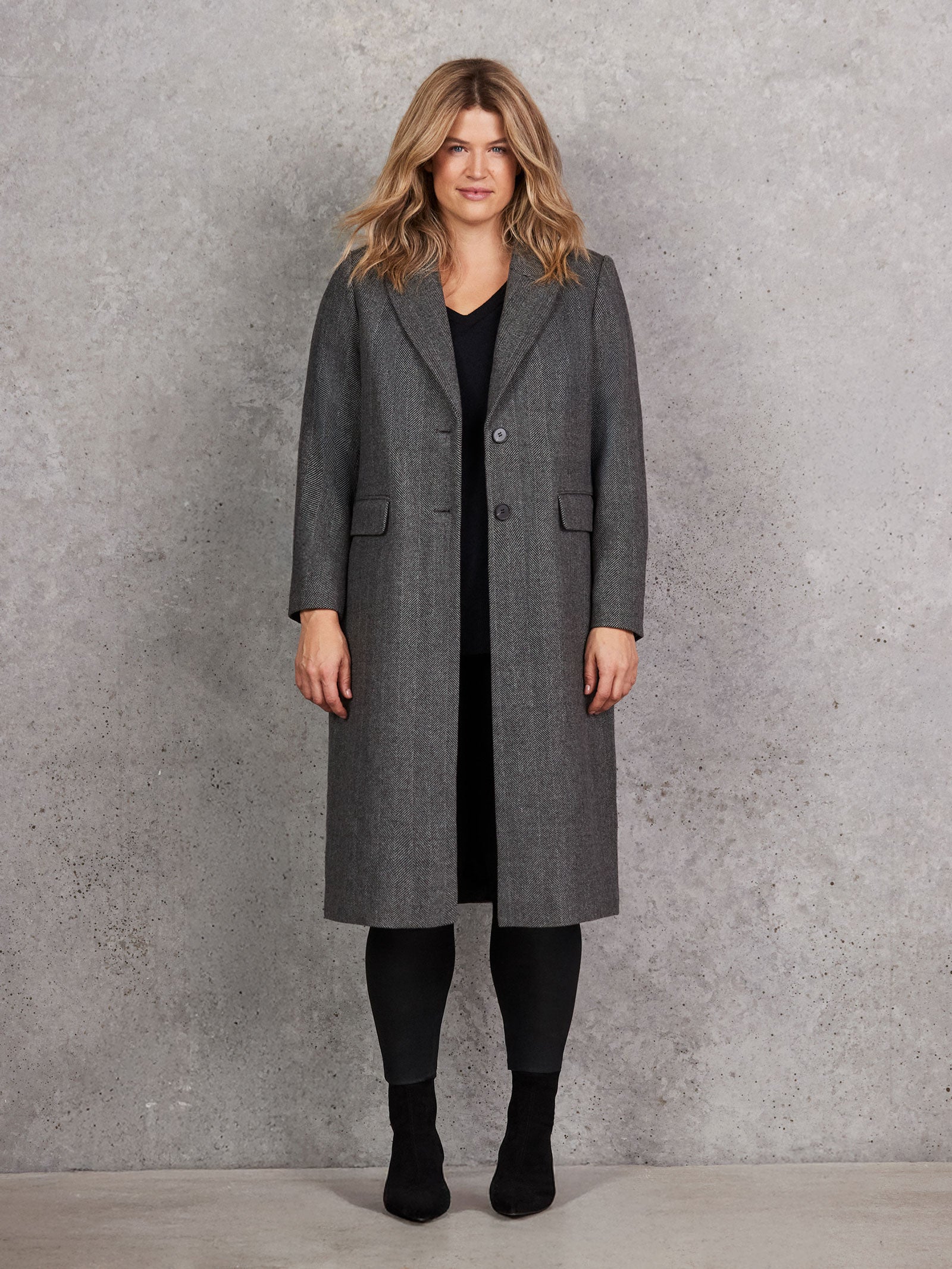 Grey Herringbone Wool Blend Tailored Coat