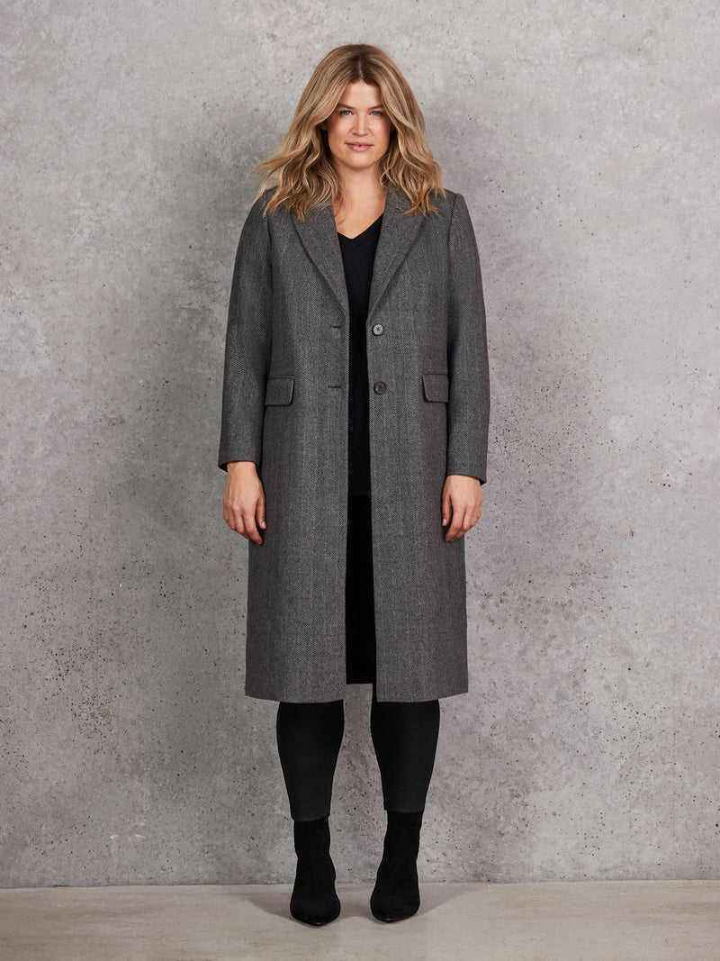 Grey Herringbone Wool Blend Tailored Coat