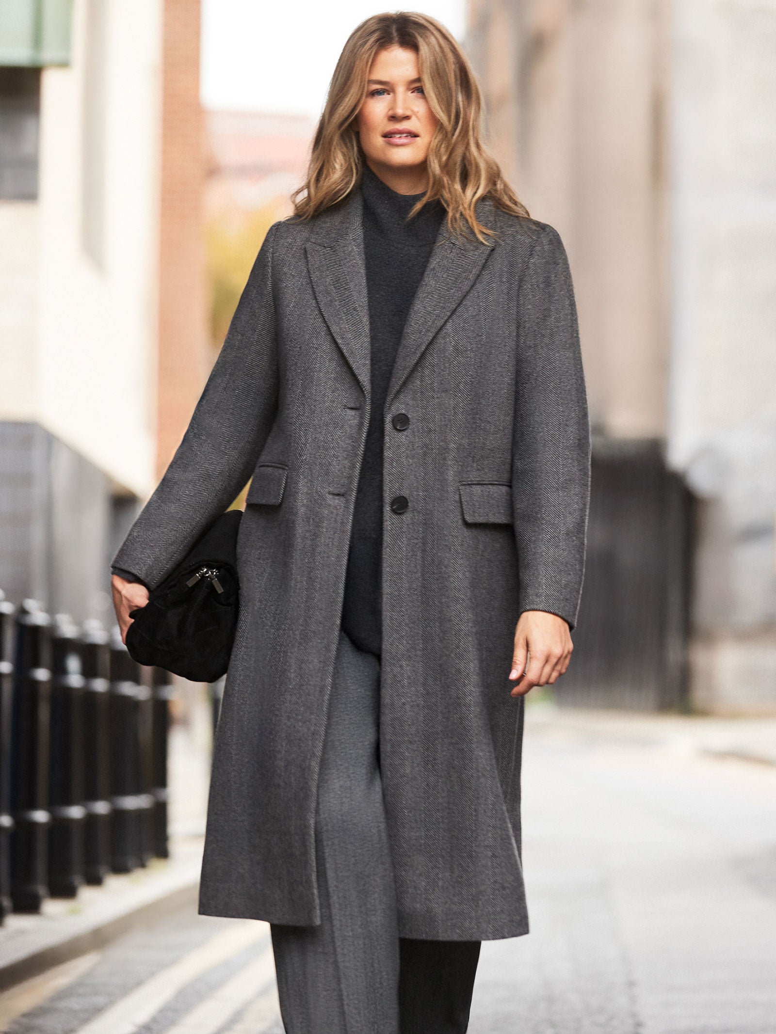 Grey Herringbone Wool Blend Tailored Coat