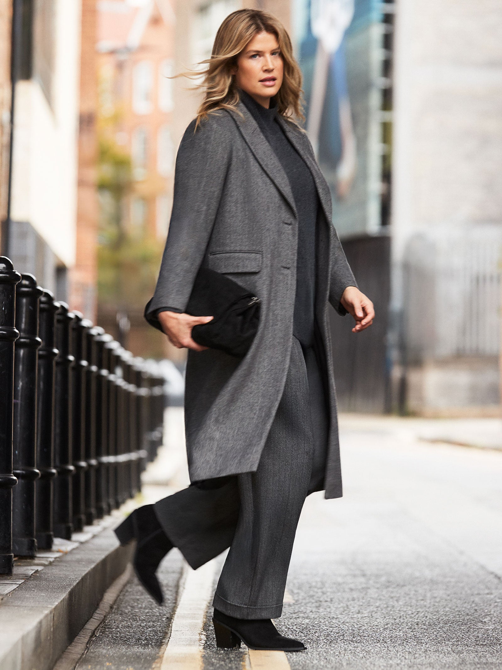Grey Herringbone Wool Blend Tailored Coat