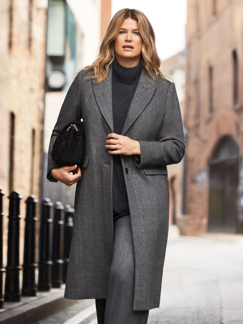 Grey Herringbone Wool Blend Tailored Coat