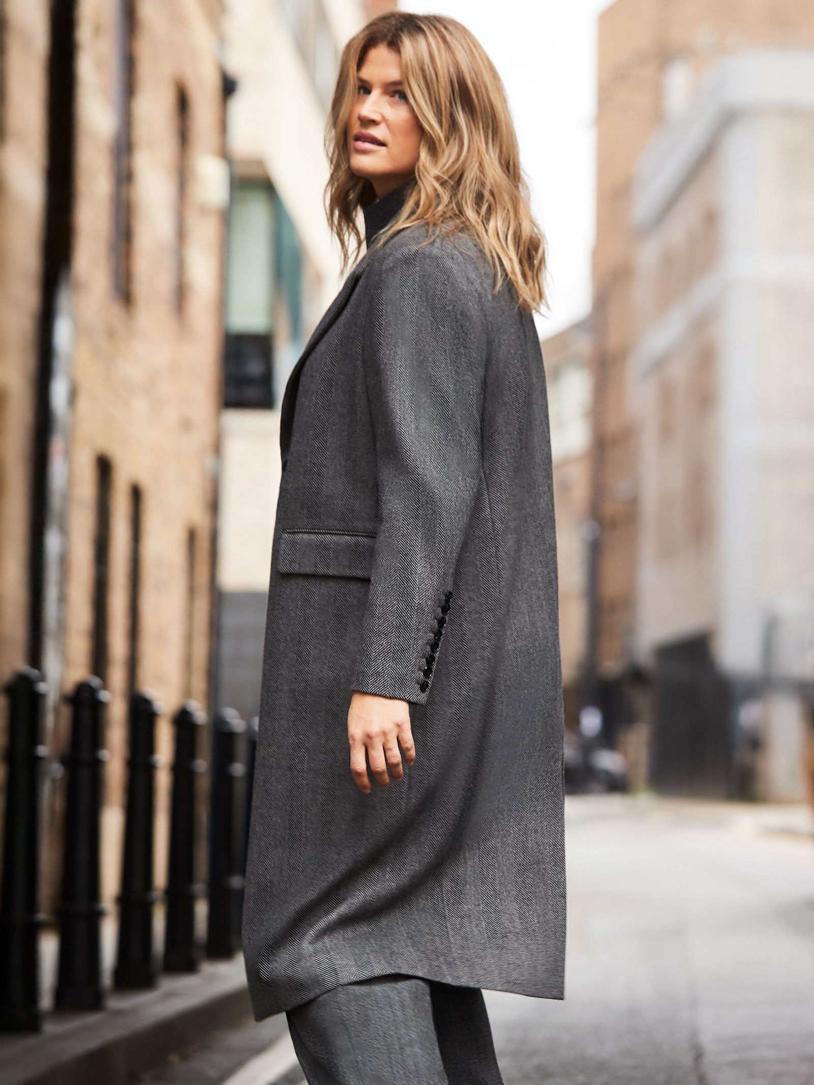 Grey Herringbone Wool Blend Tailored Coat