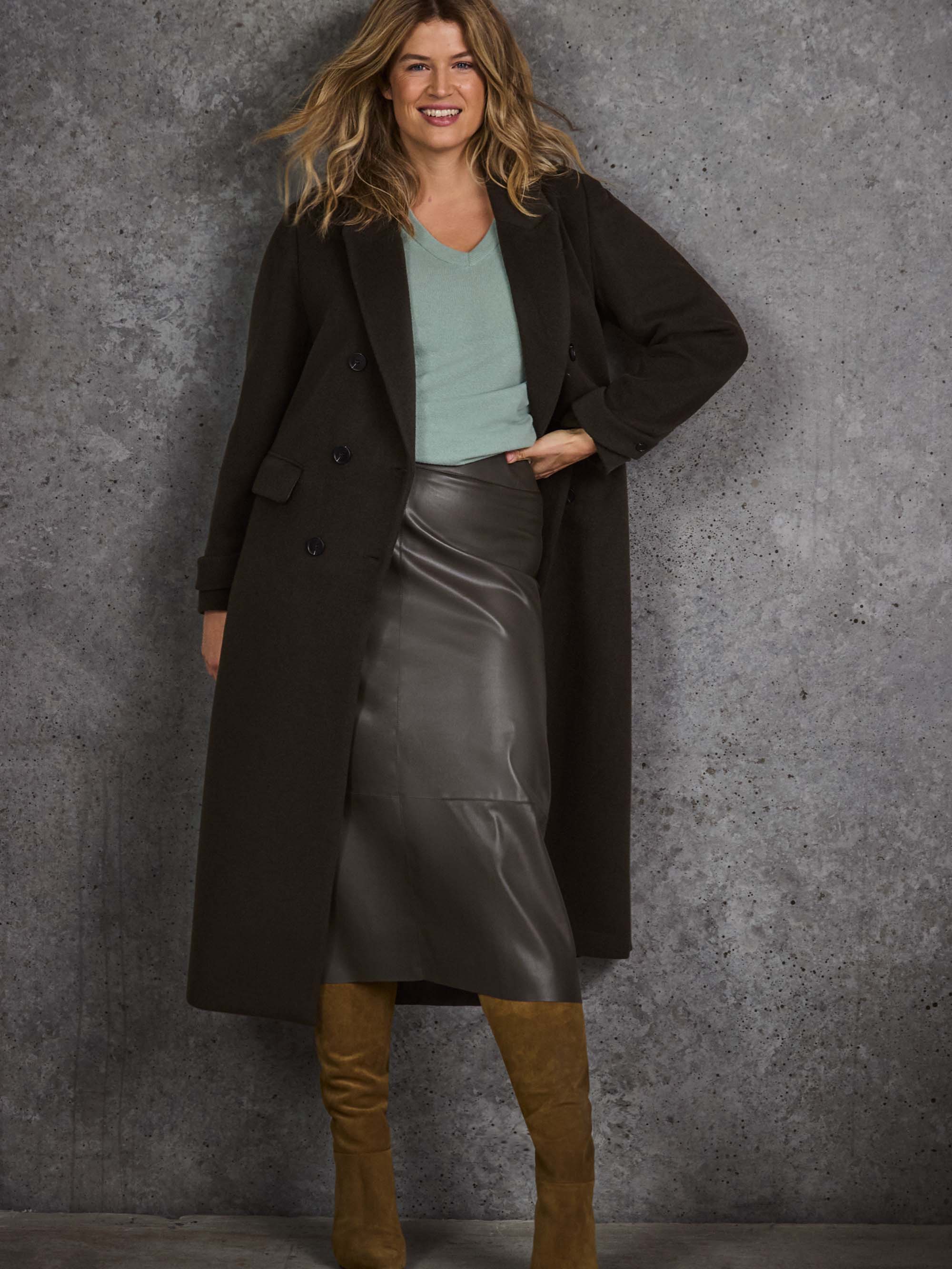 Khaki Faux Leather Seam Detail Midi Skirt