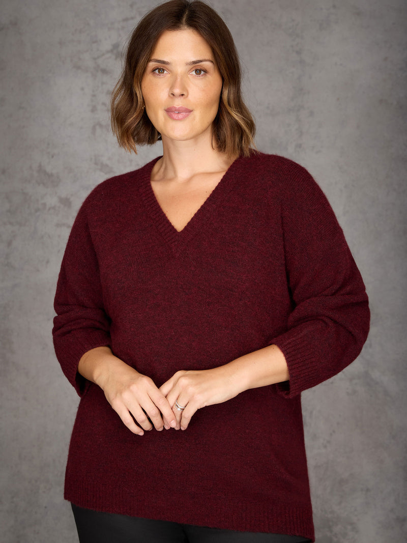 Burgundy V Neck Jumper With Wool and Alpaca