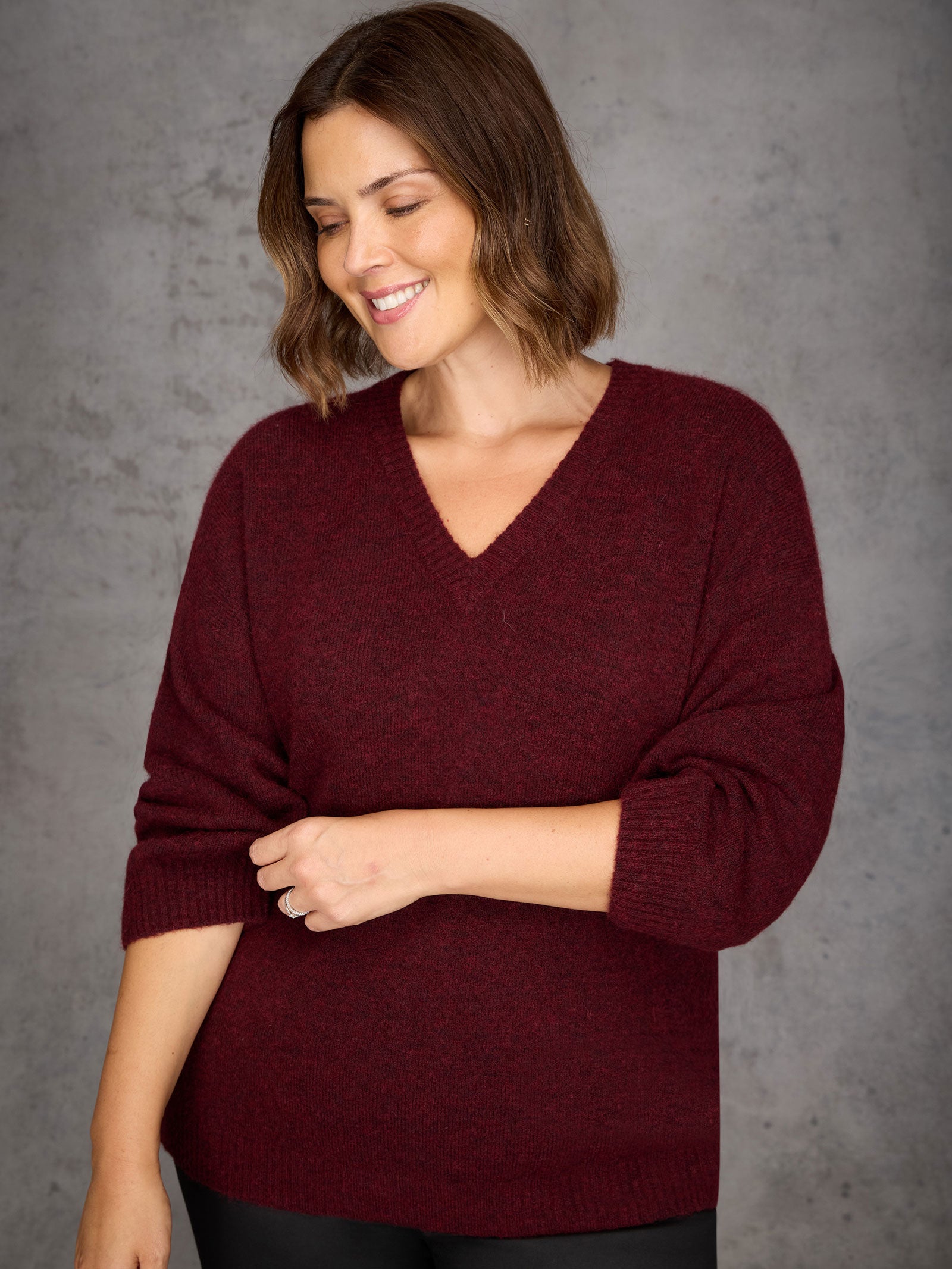 Burgundy V Neck Jumper With Wool and Alpaca