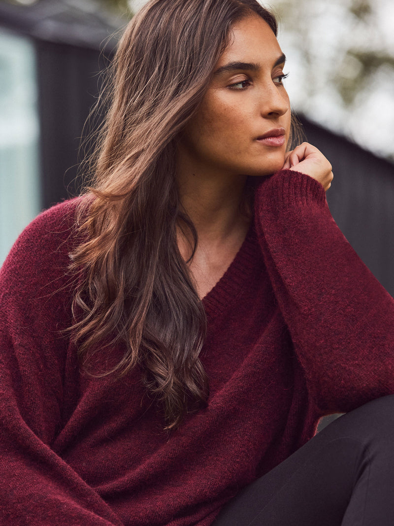 Burgundy V Neck Jumper With Wool and Alpaca