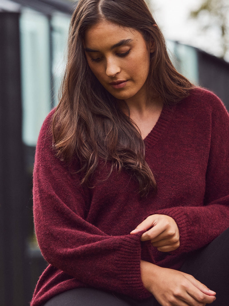 Burgundy V Neck Jumper With Wool and Alpaca