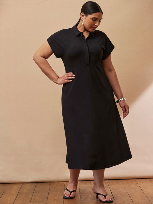 Black Polo Collar Jersey Midi Dress