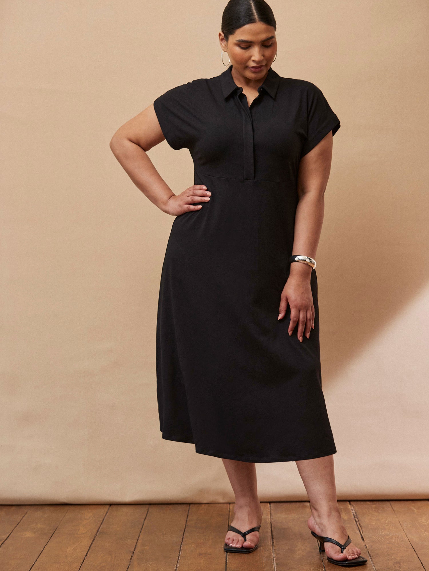 Black Jersey Midi Shirt Dress
