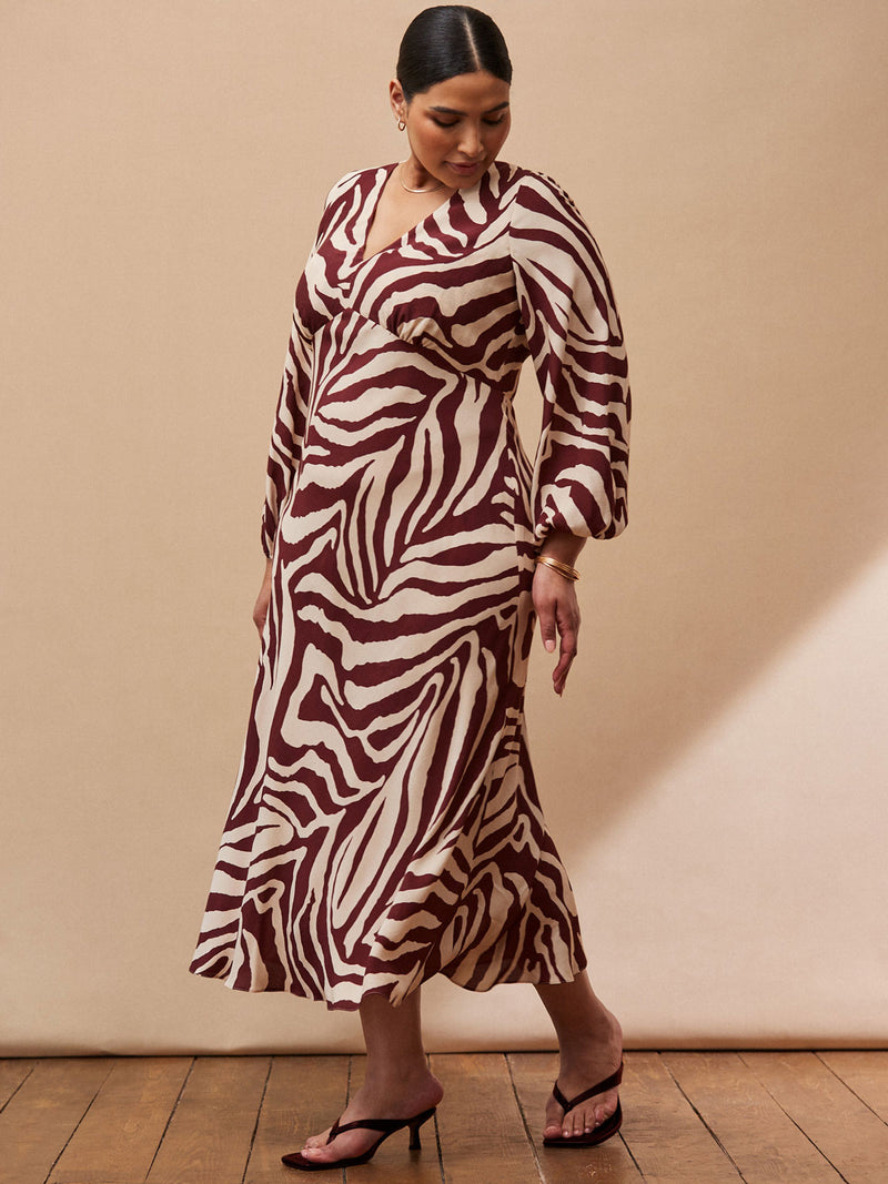 Chocolate Brown Animal Print V Neck Midaxi Dress