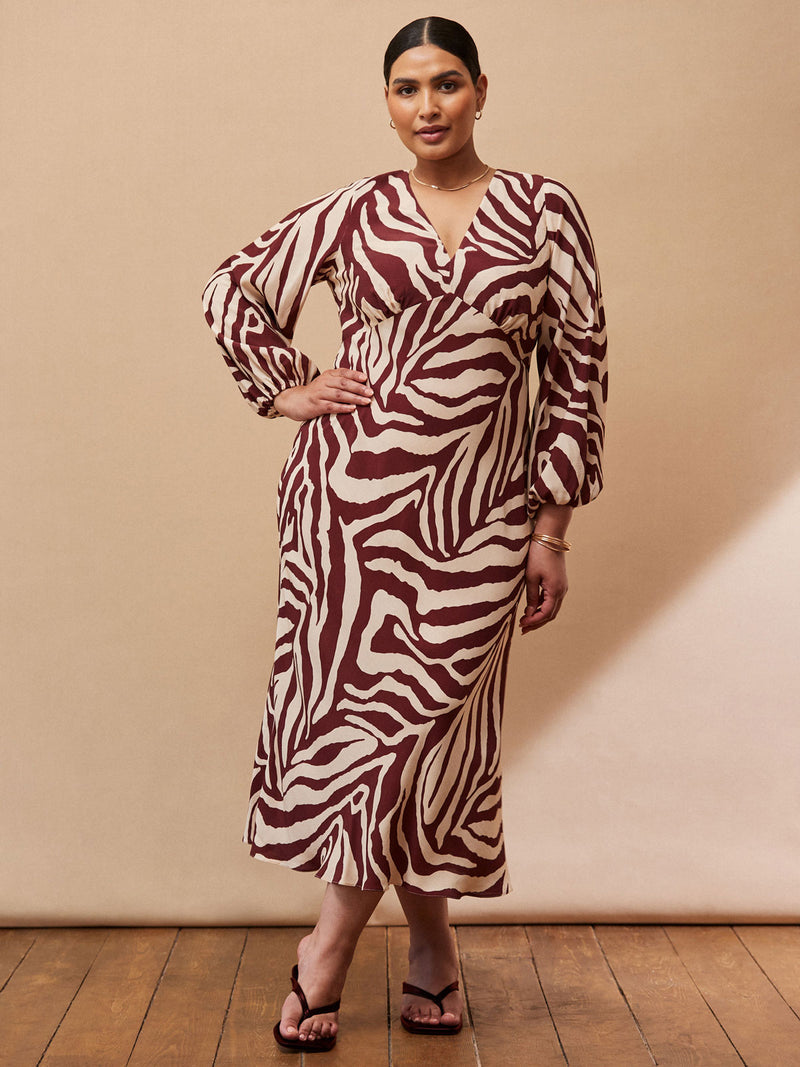 Chocolate Brown Animal Print V Neck Midaxi Dress