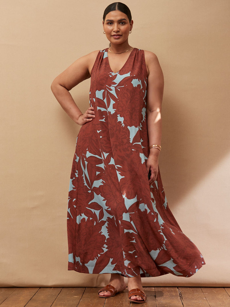 Brown Floral Print Maxi Sun Dress