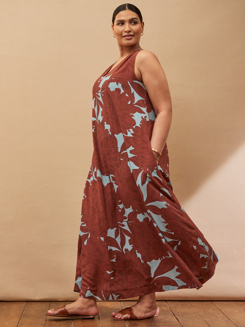 Brown Floral Print Maxi Sun Dress