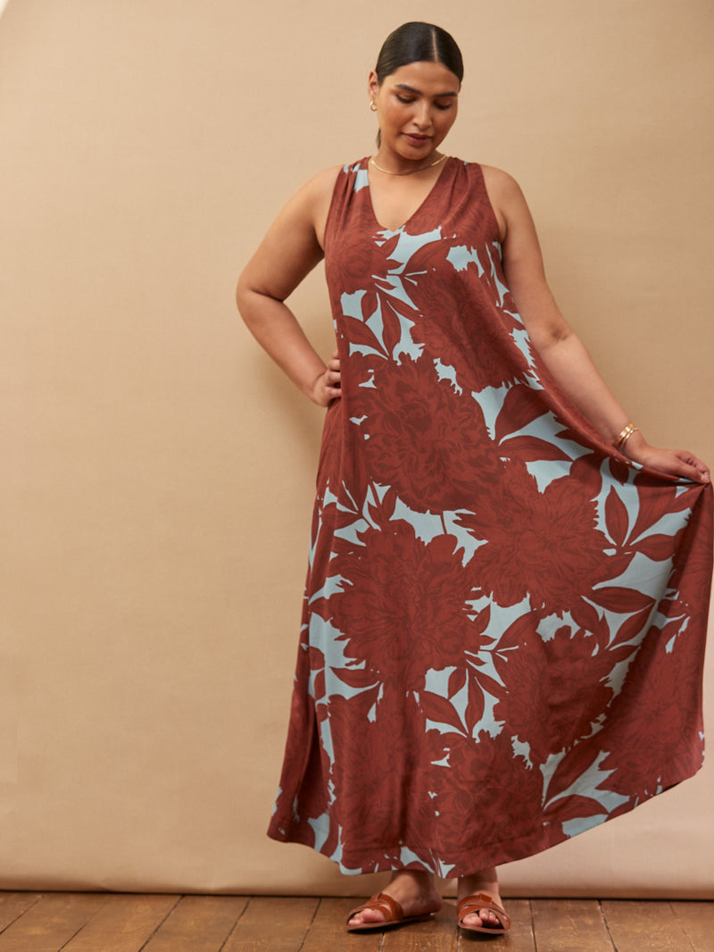 Brown Floral Print Maxi Sun Dress