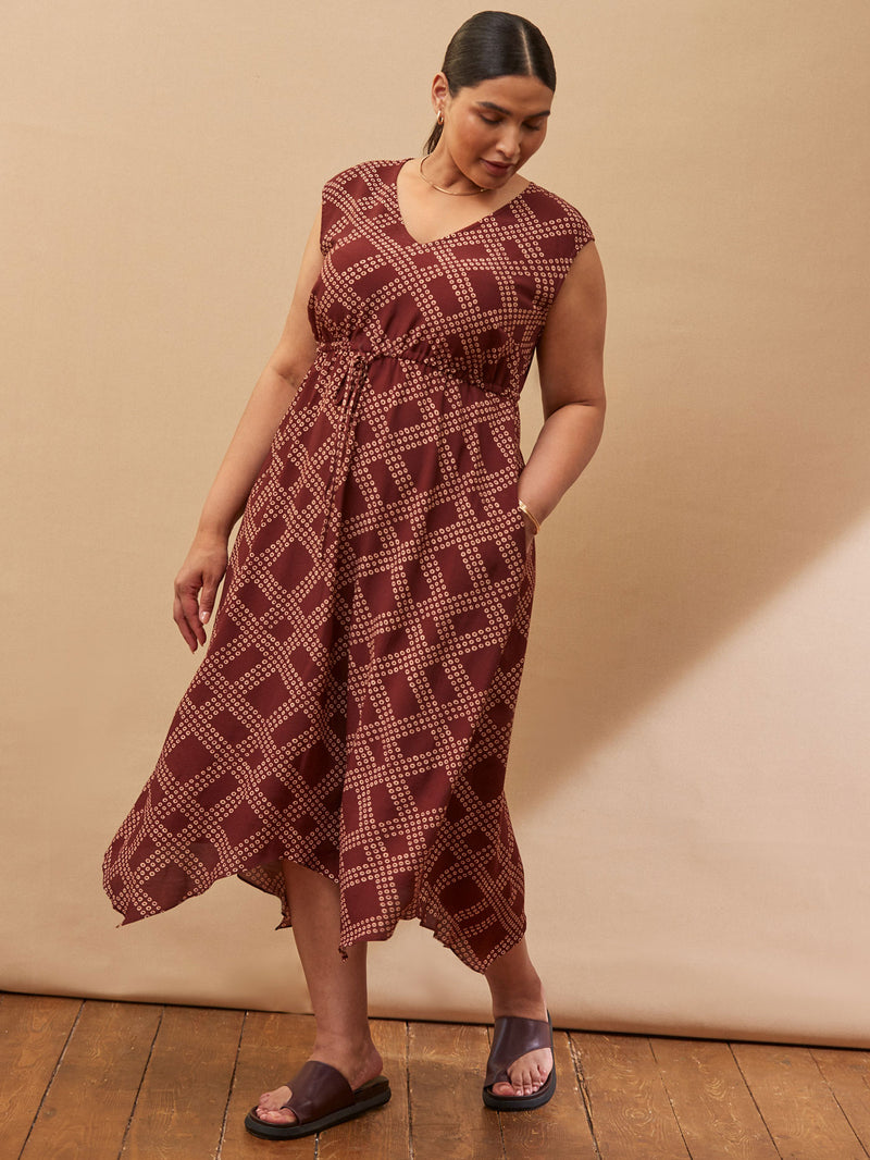 Brown Geo Print V Neck Hanky Hem Dress