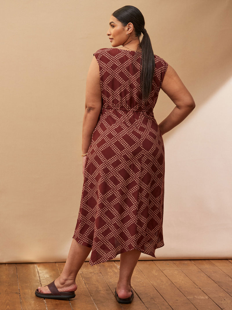 Brown Geo Print V Neck Hanky Hem Dress