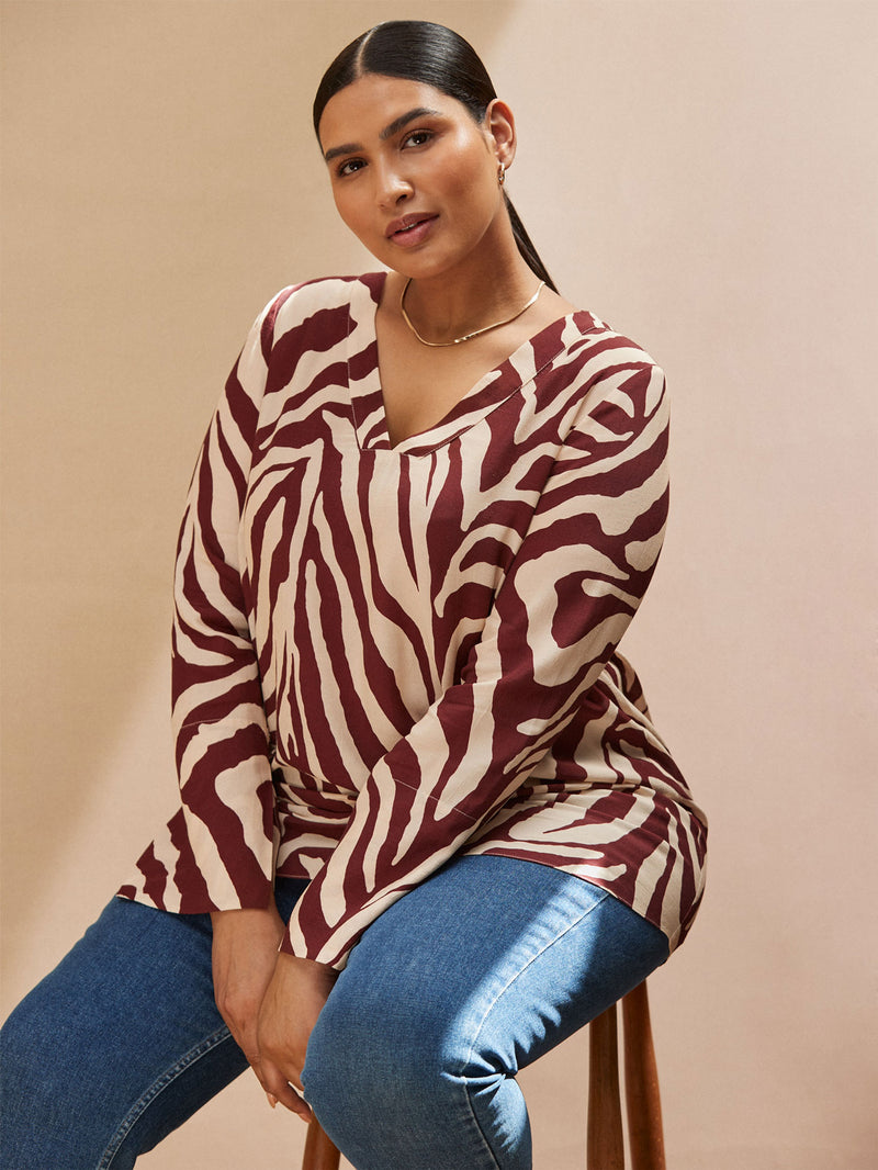 Chocolate Brown Animal Print Split Sleeve Detail Blouse