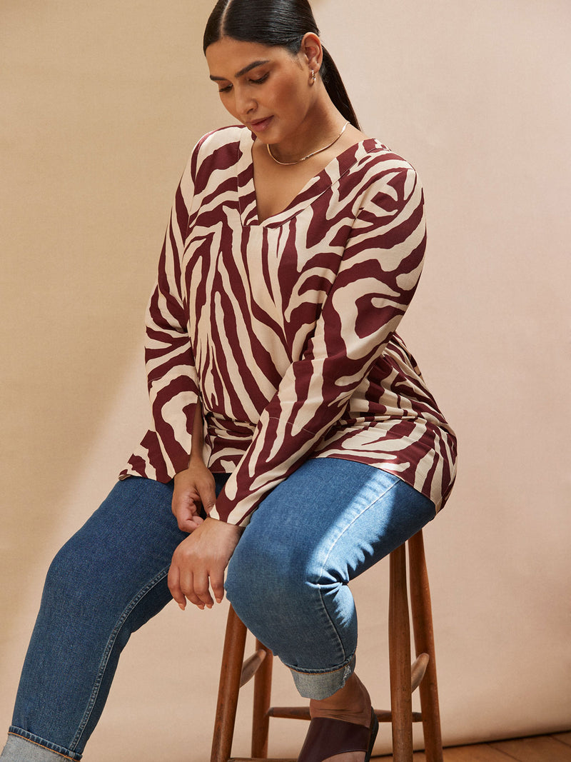 Chocolate Brown Animal Print Split Sleeve Detail Blouse