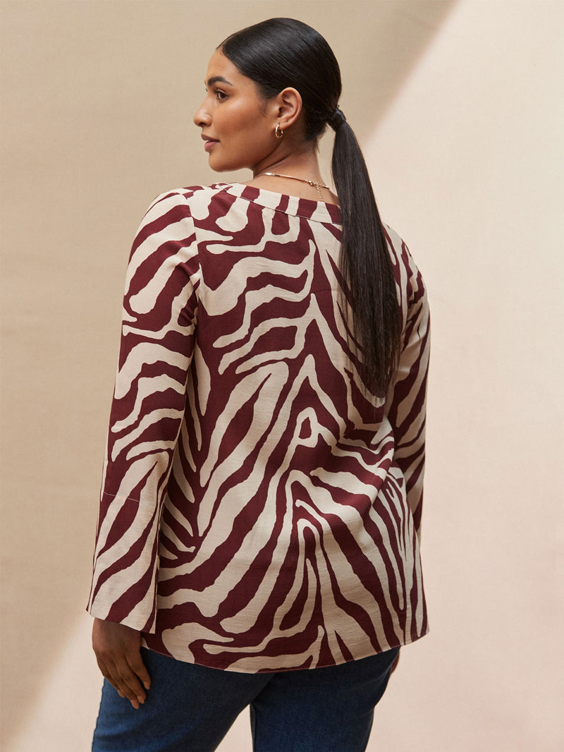 Chocolate Brown Animal Print Split Sleeve Detail Blouse