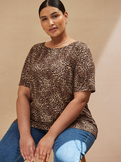 Leopard Print Slash Neck Jersey T-Shirt