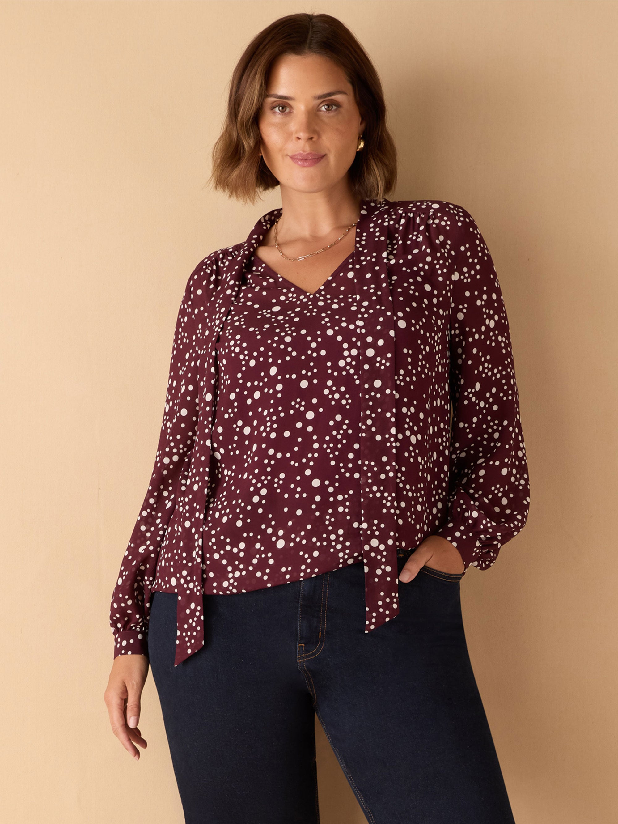 Burgundy Spot Print Tie Neck Blouse