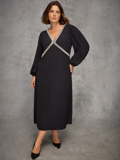 Black Embellished Trim Midaxi Dress