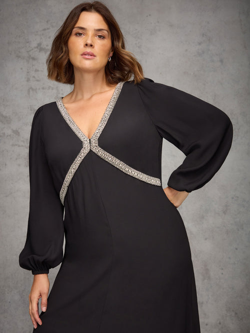 Black Embellished Trim Midaxi Dress