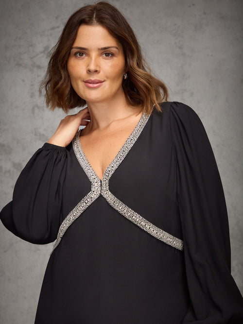 Black Embellished Trim Midaxi Dress