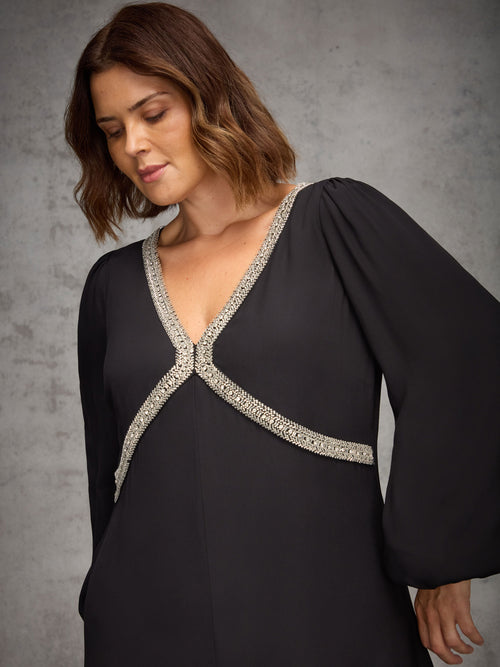 Black Embellished Trim Midaxi Dress