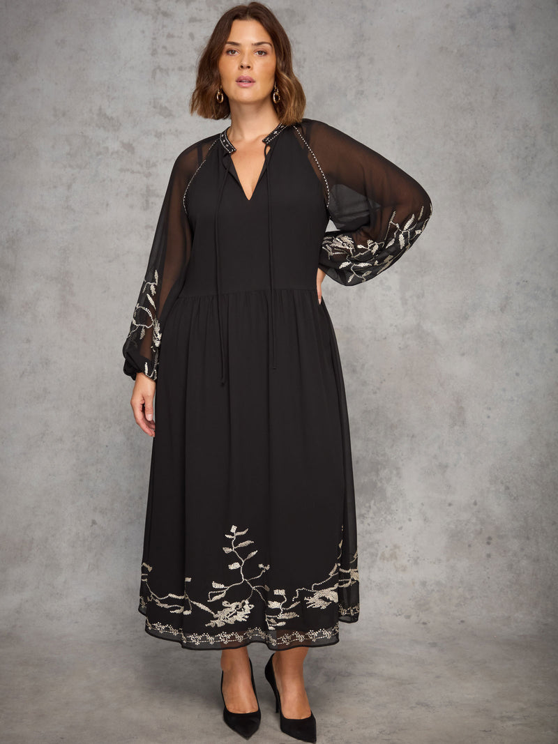 Black Midaxi Dress With Gold Embellishment