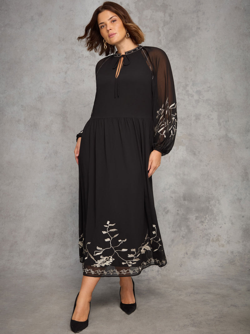 Black Midaxi Dress With Gold Embellishment