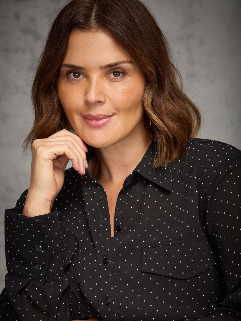 Black All-Over Embellishment Button Through Shirt