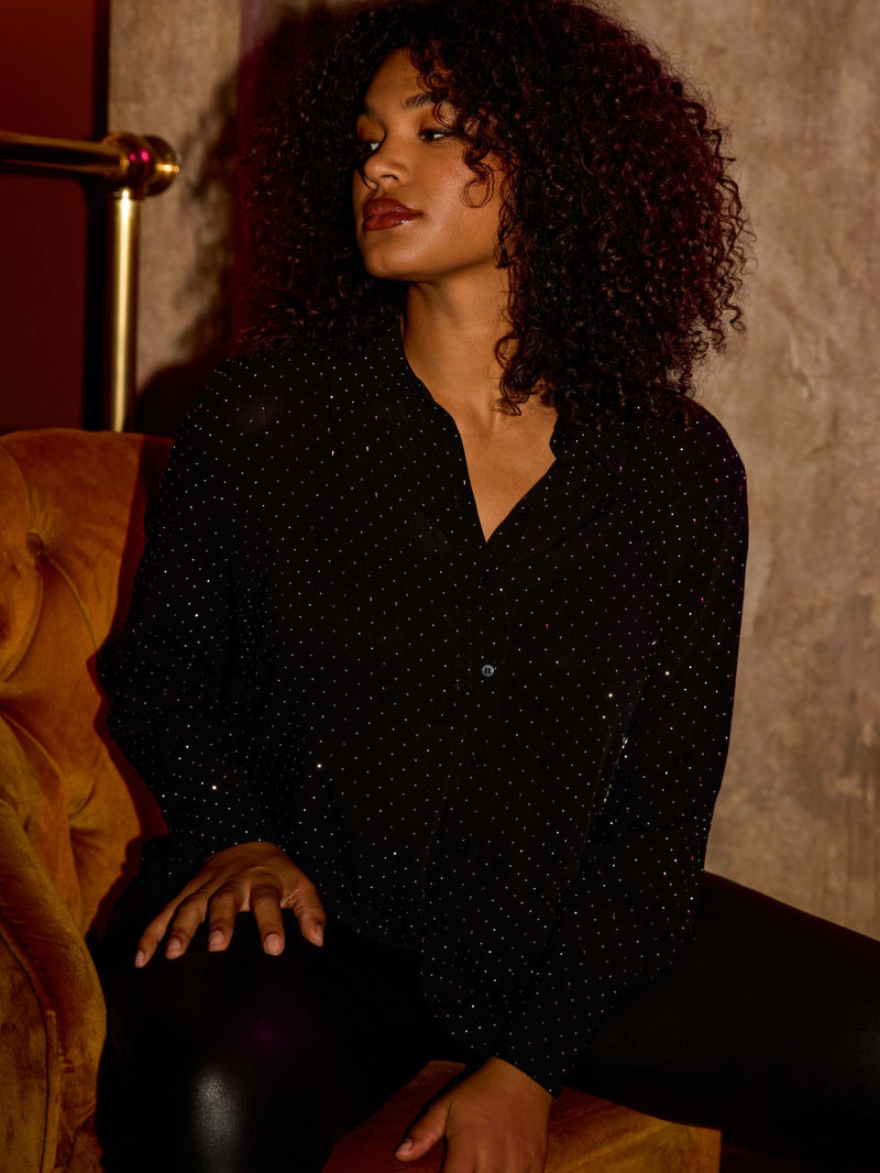 Black All-Over Embellishment Button Through Shirt
