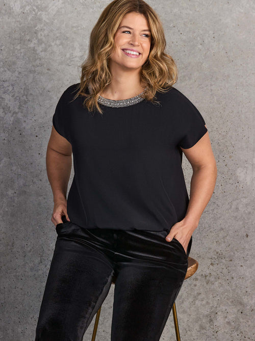 Black Embellished Neckline Top