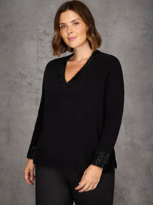 Black Sparkle V Neck Jumper
