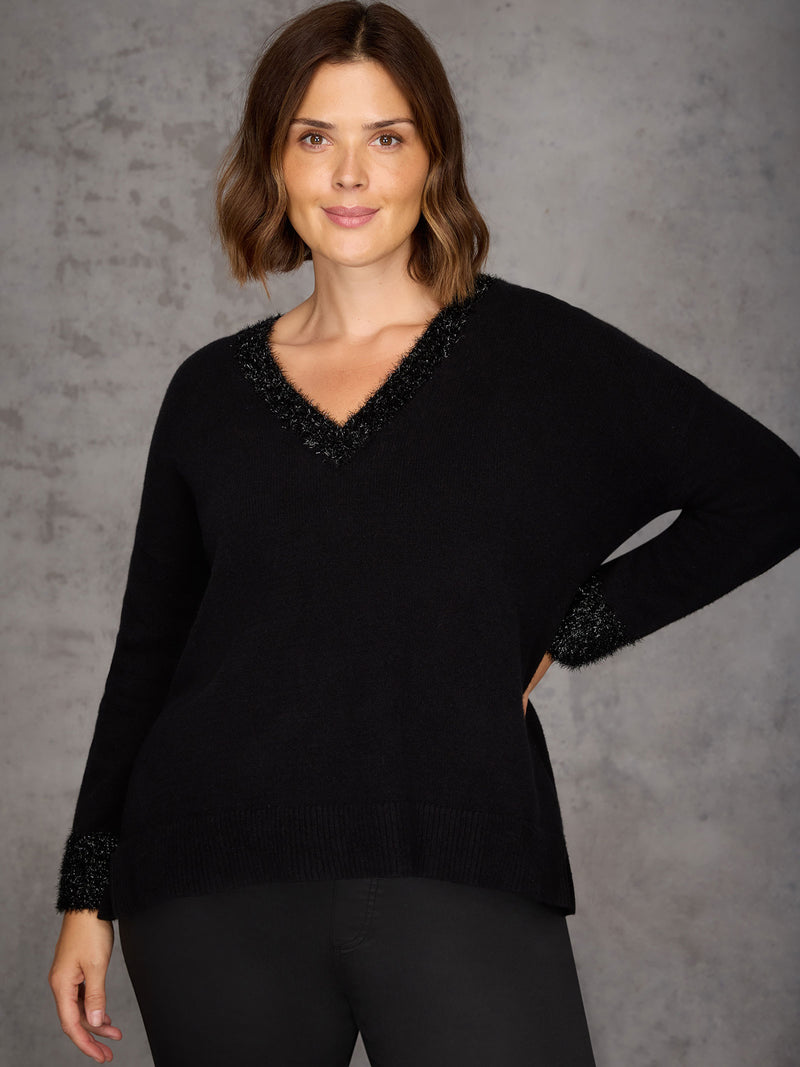 Black Sparkle Knit V Neck Jumper