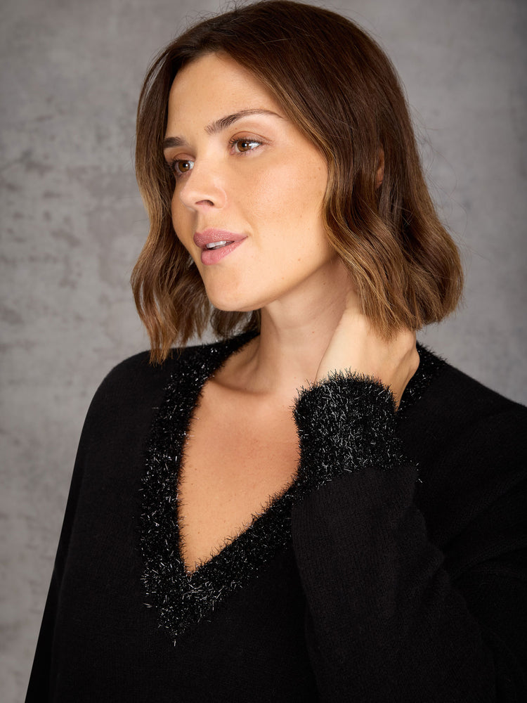 Black Sparkle Knit V Neck Jumper