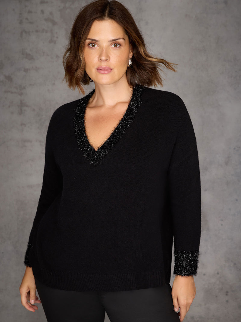 Black Sparkle Knit V Neck Jumper