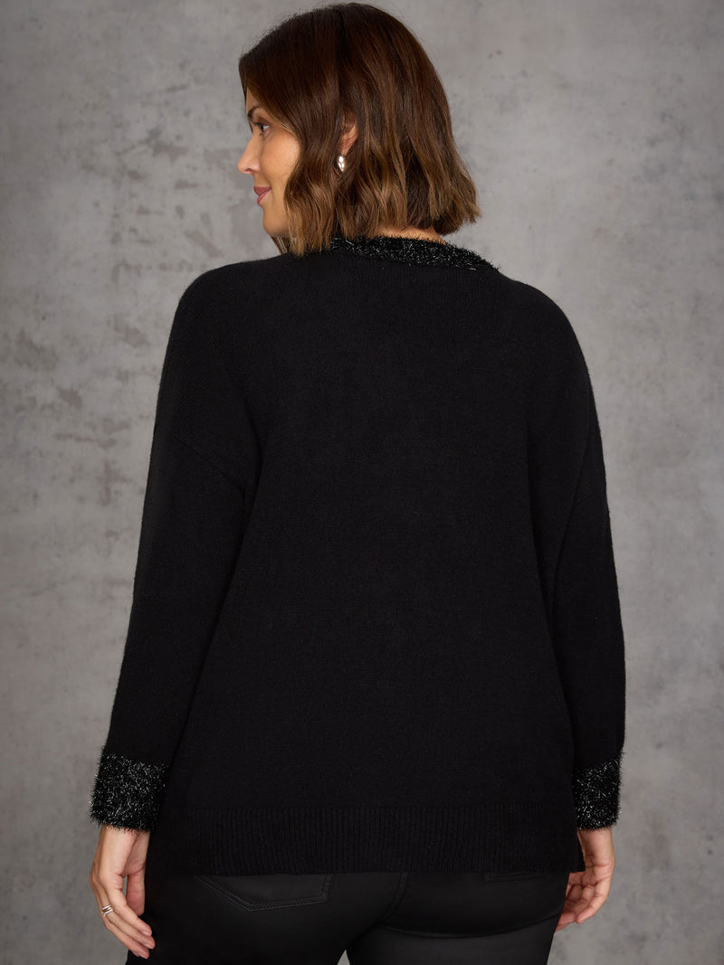 Black Sparkle Knit V Neck Jumper