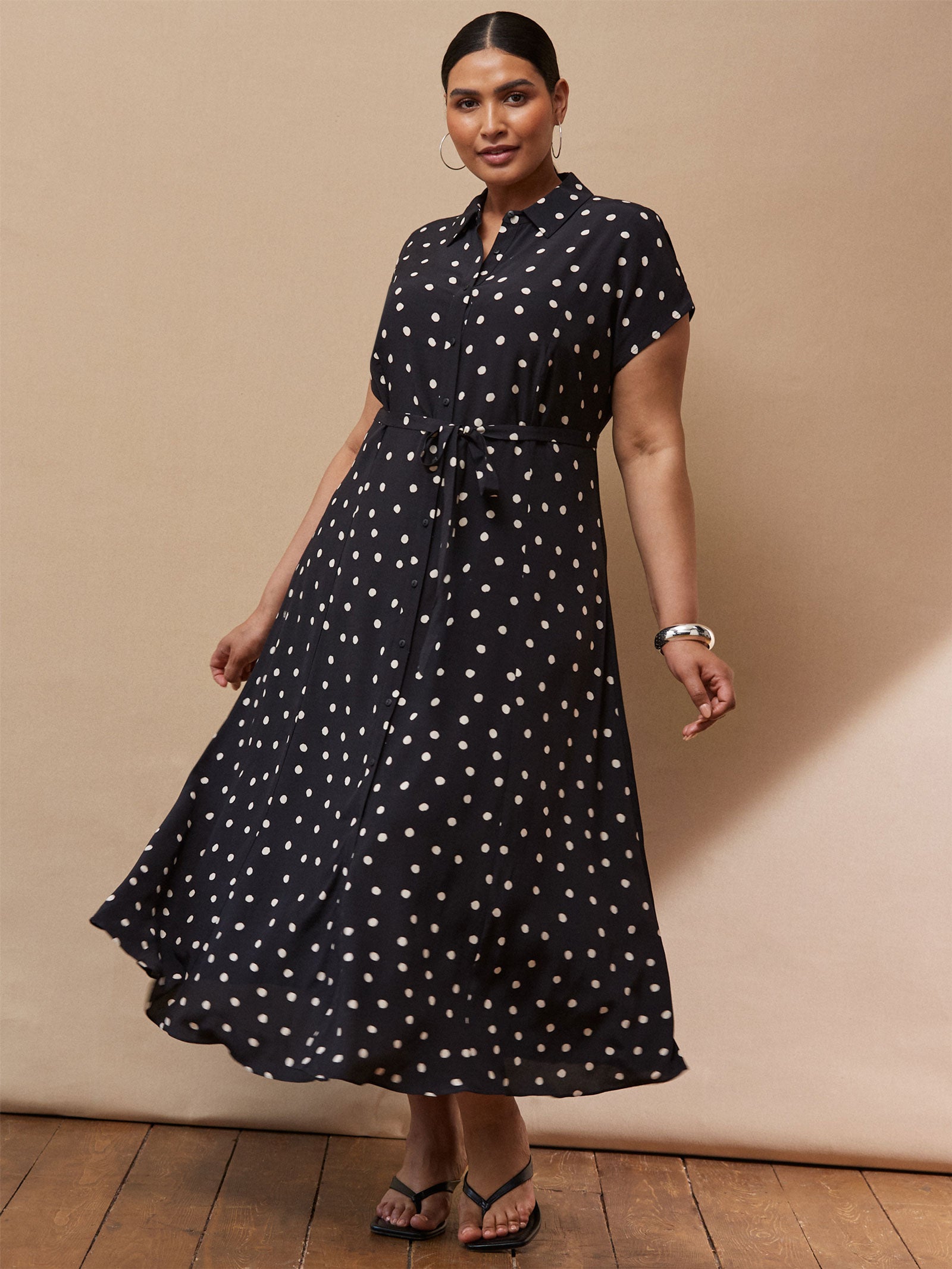 Black And Ivory Polka Dot Midaxi Shirt Dress