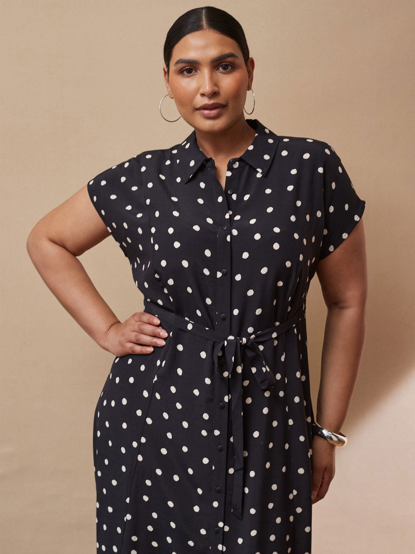 Black And Ivory Polka Dot Midaxi Shirt Dress
