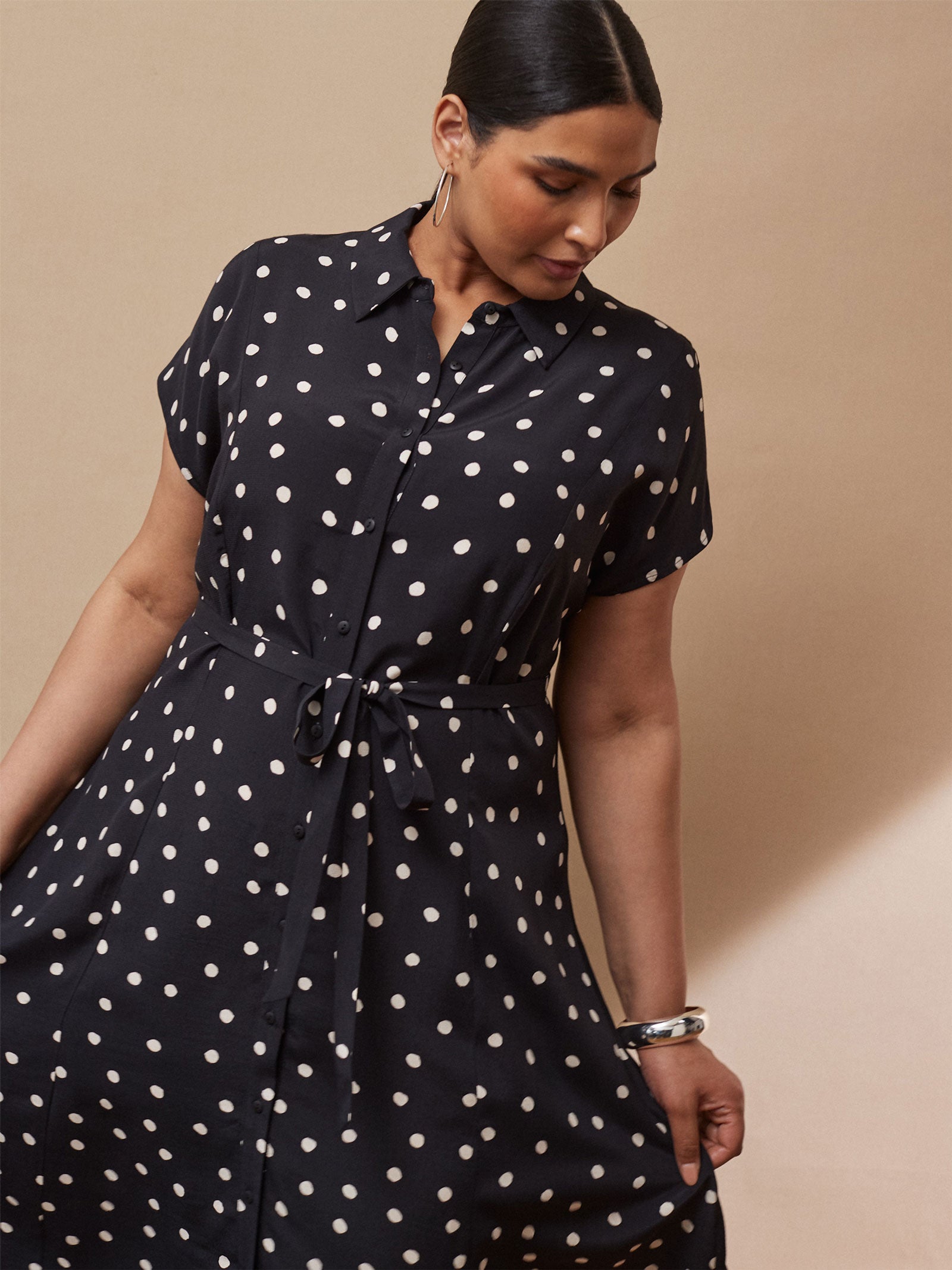 Black And Ivory Polka Dot Midaxi Shirt Dress