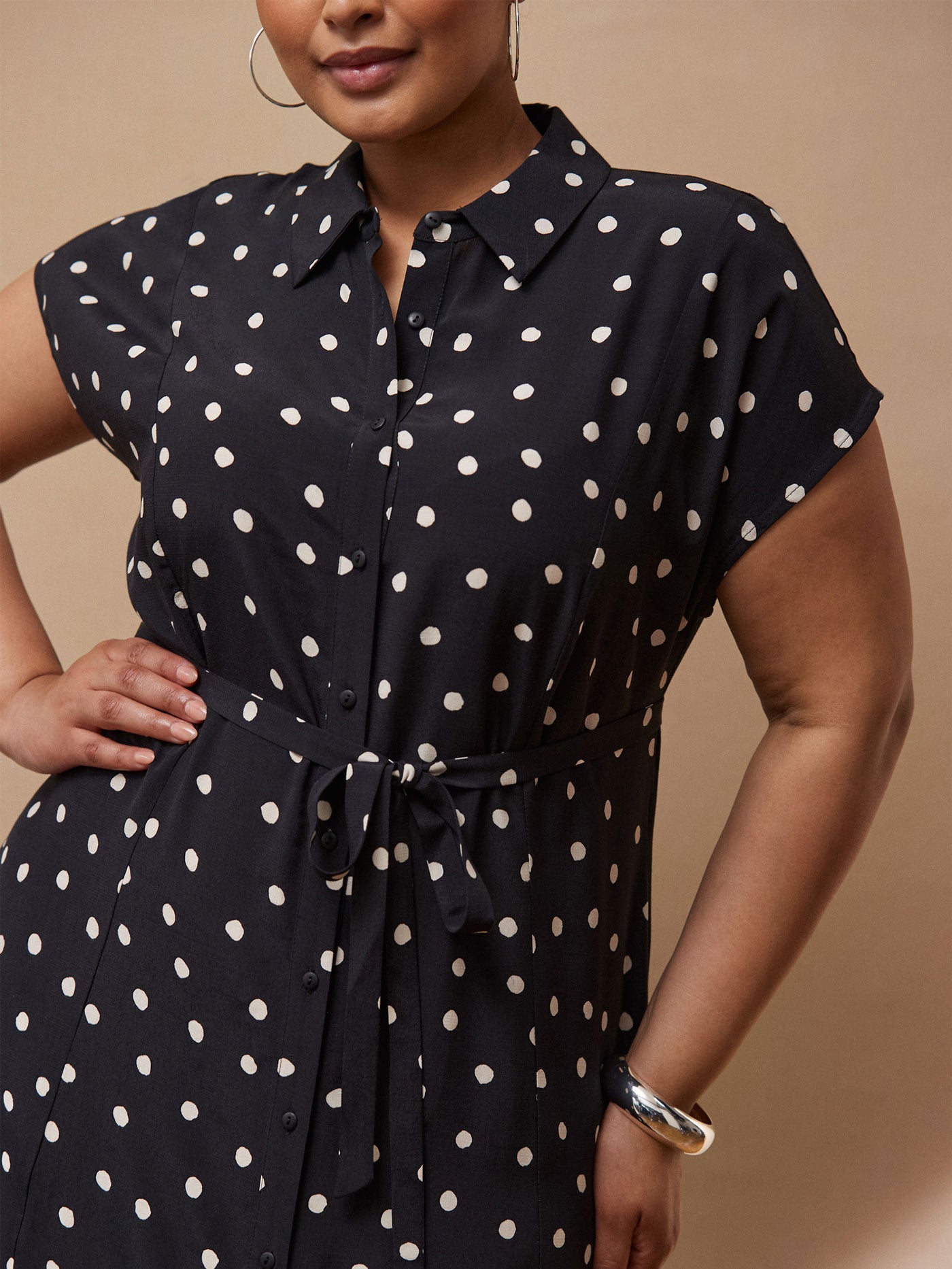 Black And Ivory Polka Dot Midaxi Shirt Dress