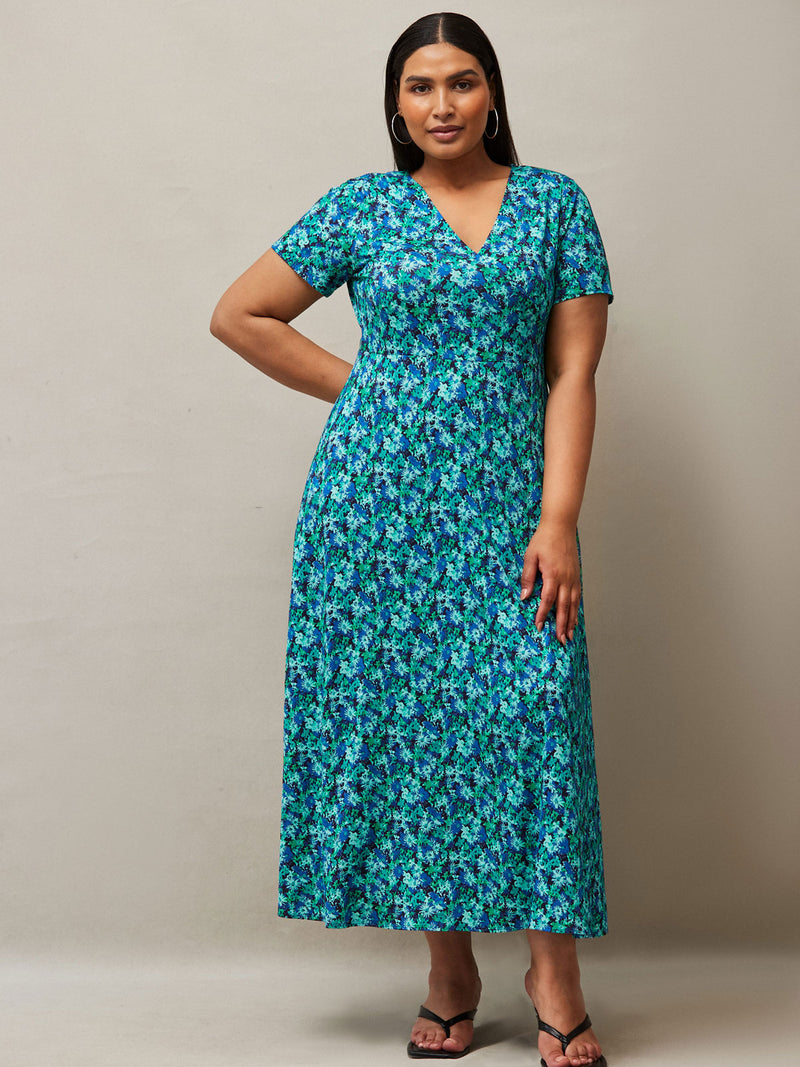 Blue Ditsy Print Wrap Midaxi Dress