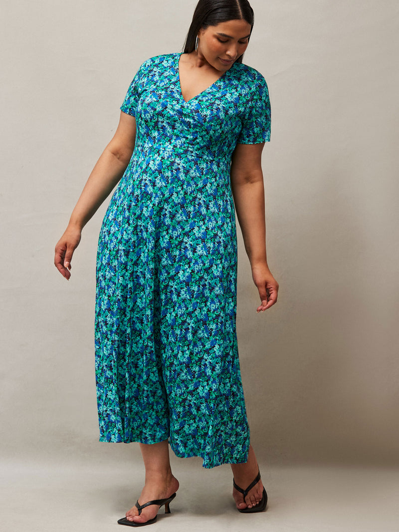 Blue Ditsy Print Wrap Midaxi Dress