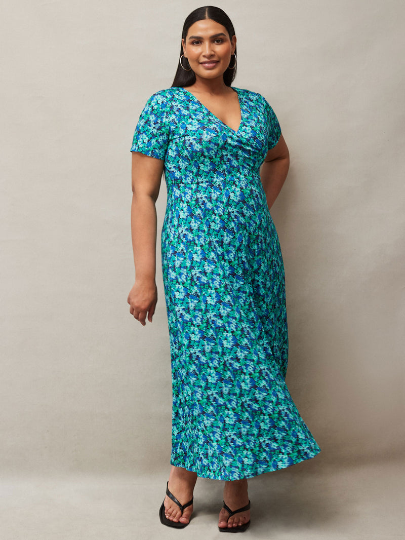 Blue Ditsy Print Wrap Midaxi Dress