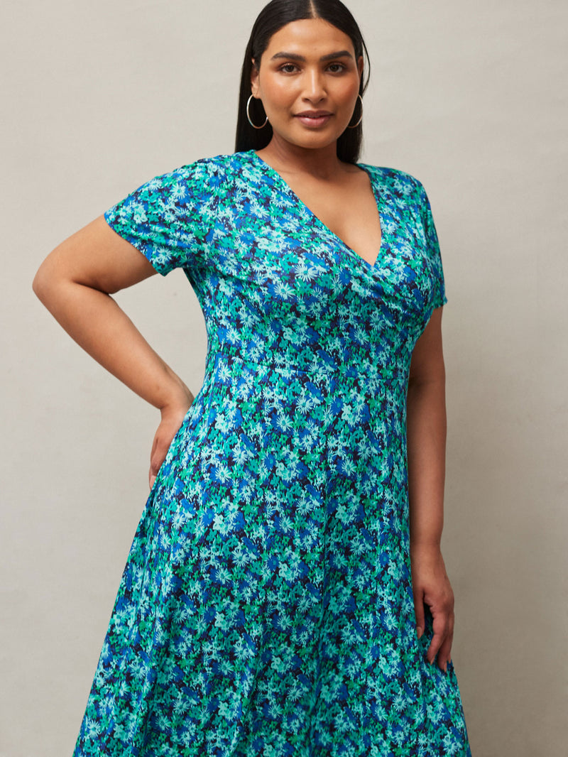 Blue Ditsy Print Wrap Midaxi Dress