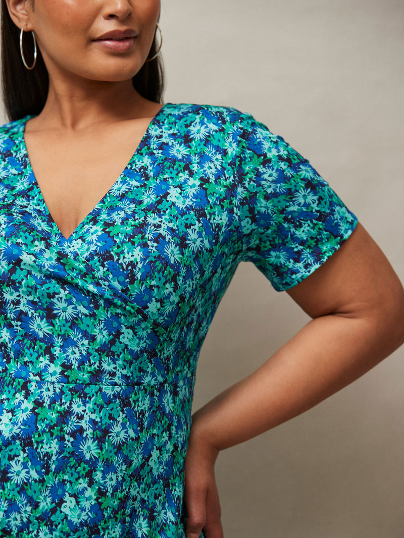 Blue Ditsy Print Wrap Midaxi Dress