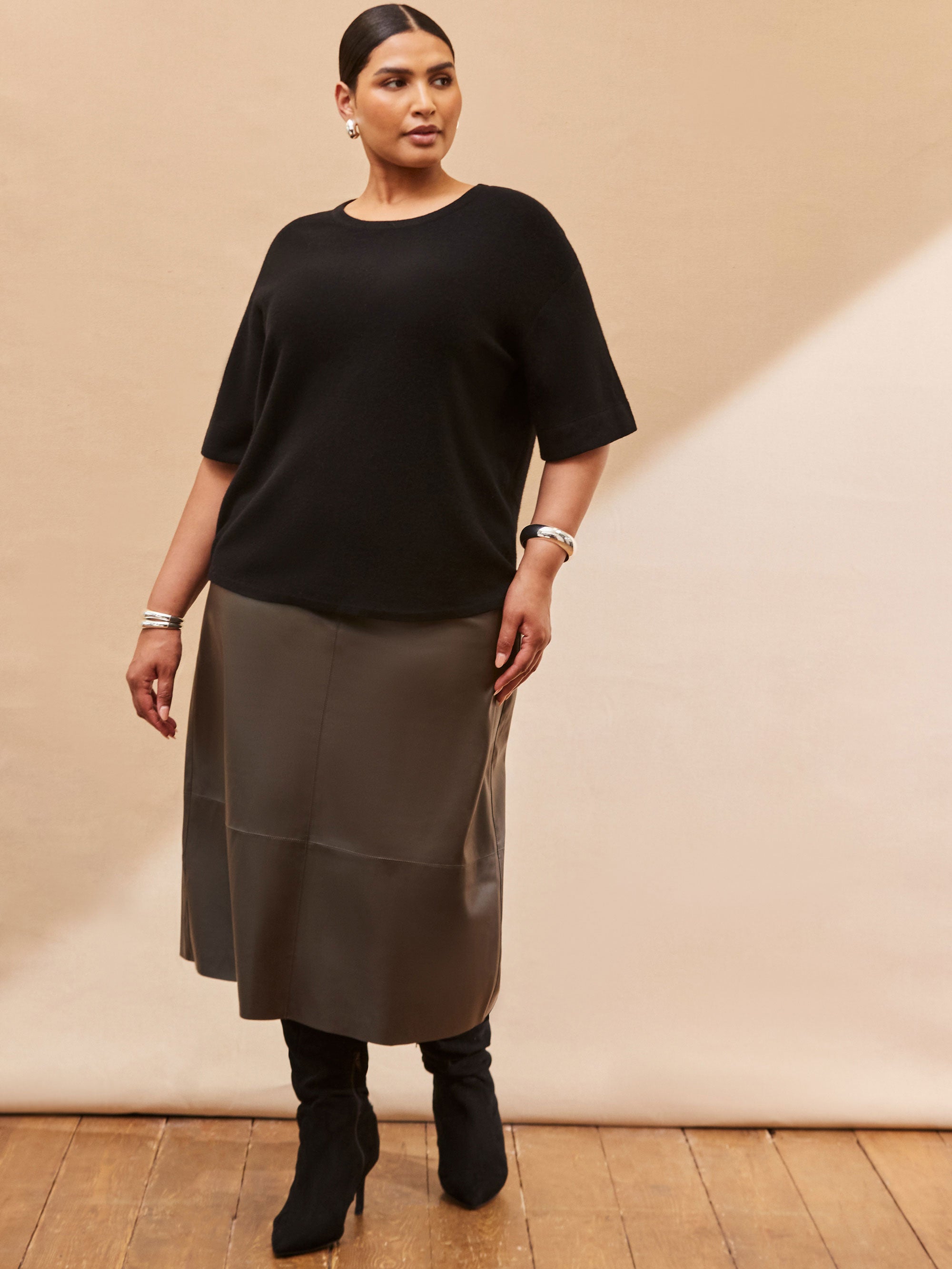 Khaki Faux Leather Seam Detail Midi Skirt